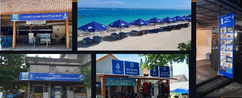 Dokumentasi AQUA Branding Bali: papan loket, payung pantai, menu dan fasad usaha berwarna biru.