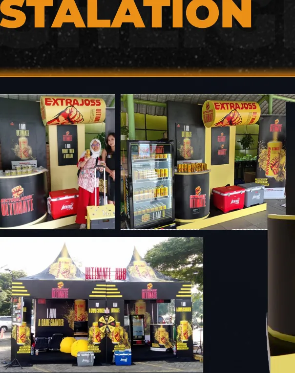 Dokumentasi booth Extrajoss Ultimate Festive 2025 dengan display produk, kulkas, signage dan fasad hitam kuning.