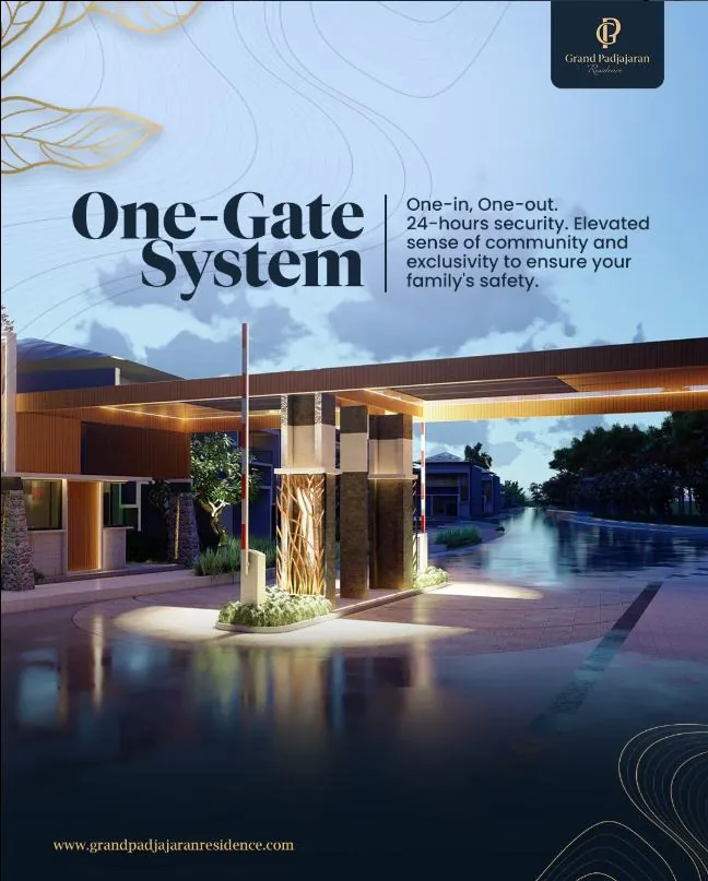 Desain Grand Padjajaran bertajuk One-Gate System dengan visual gerbang kawasan dan palet biru emas.