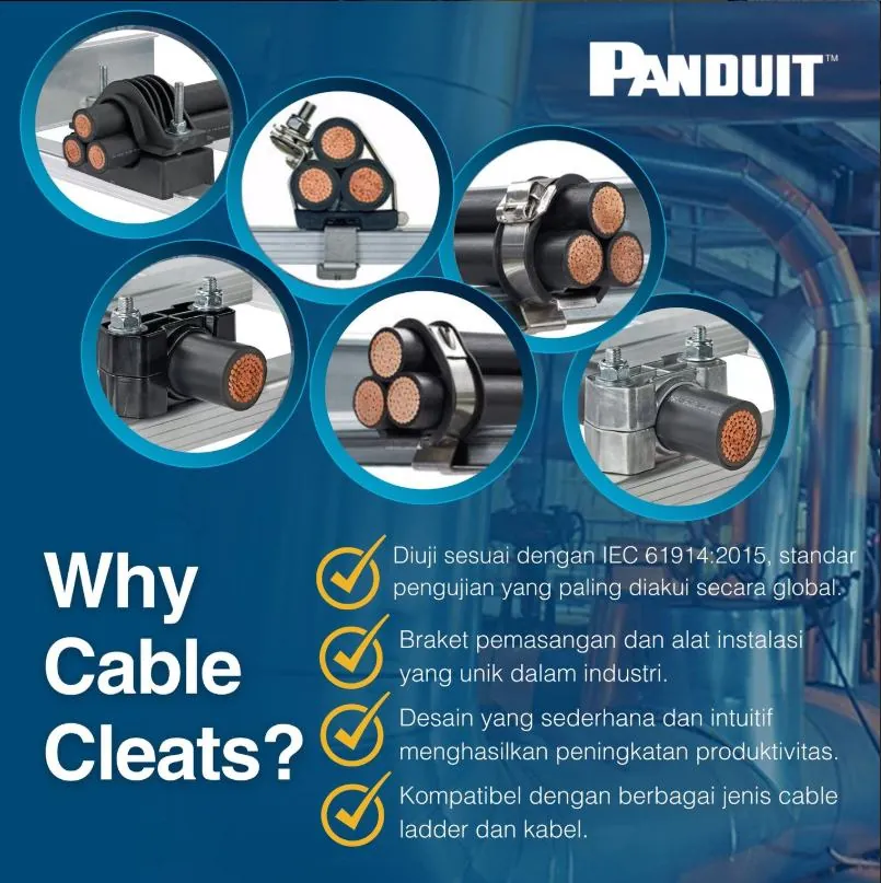 Materi Panduit Why Cable Cleats dengan contoh aplikasi kabel dan daftar manfaat bertanda centang.