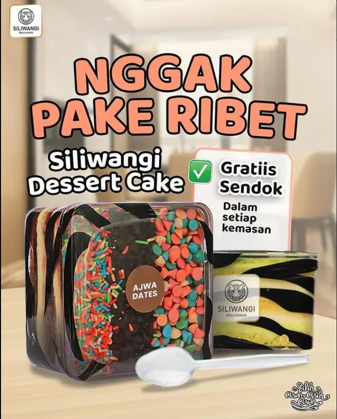 Karya promosi Siliwangi Dessert Cake: Nggak Pake Ribet, produk Jawa Dates dan gratis sendok dalam kemasan.