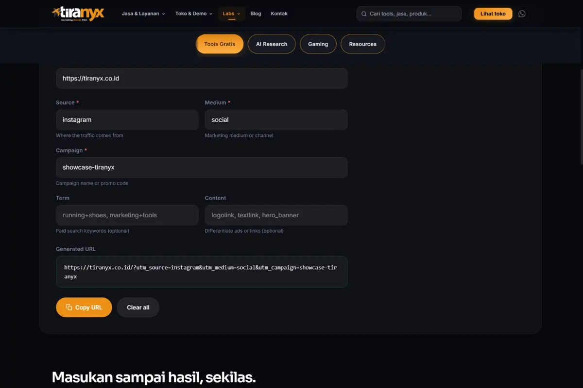 Capture asli UTM Builder Tiranyx yang menghasilkan URL dengan parameter kampanye Instagram